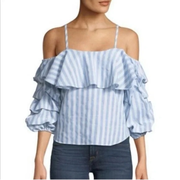 ZARA Striped Light Blue & White Off the Shoulder 3/4 Ruffled sleeves Crop Top, L - Picture 2 of 13